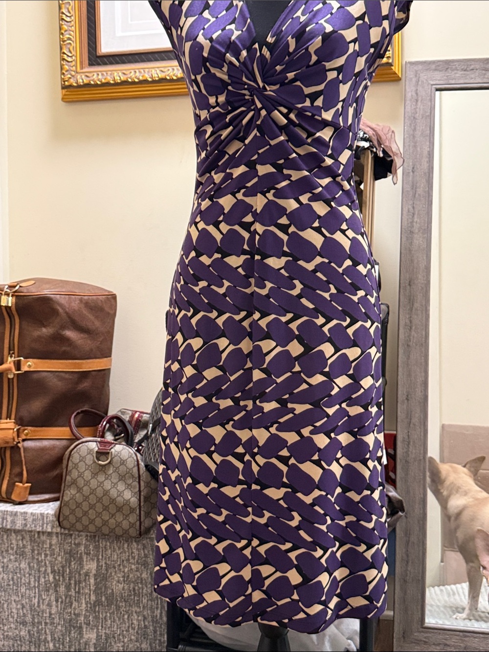 Tiana B. Purple and Cream Twist-Front Midi Dress